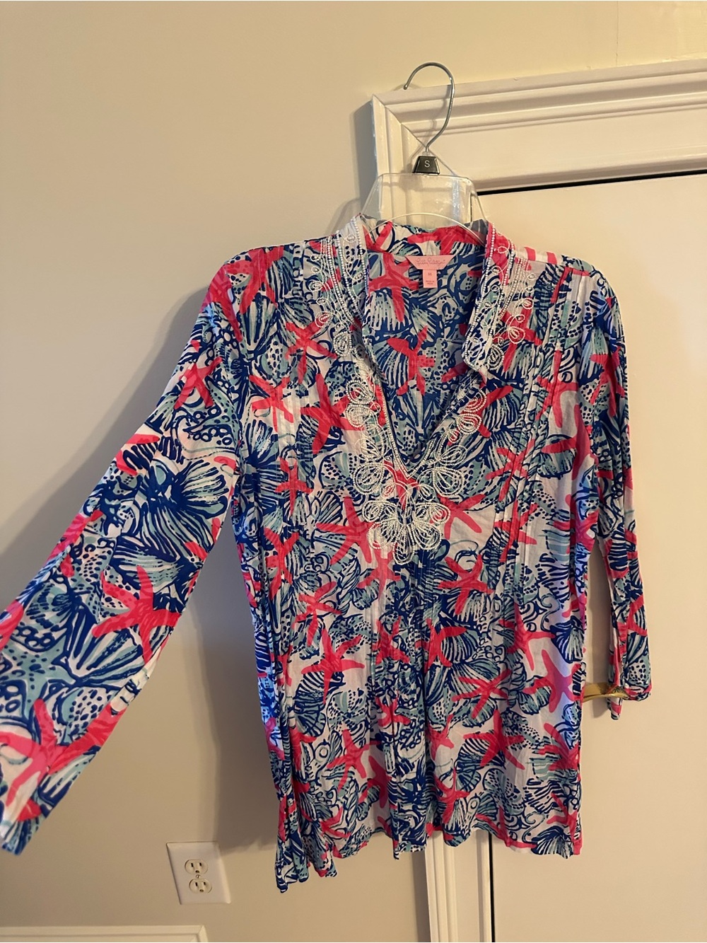 Lilly Pulitzer Coral & Navy Tropical Beaded Tunic